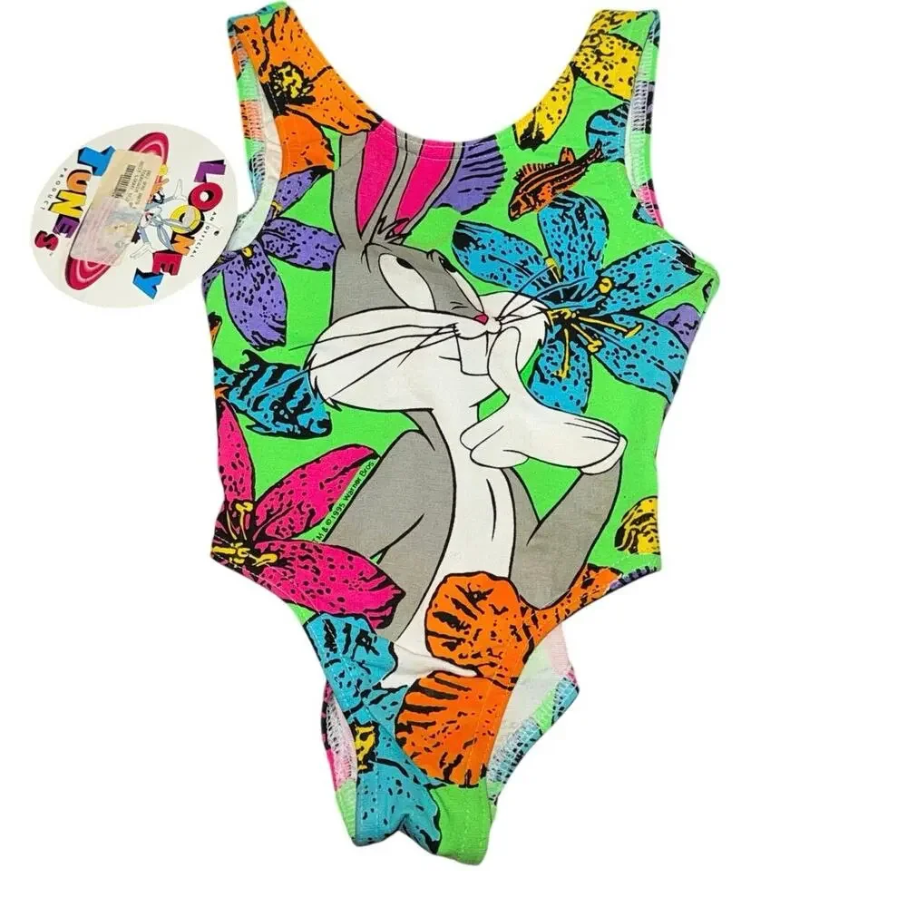 NWT 2T Vintage 90s Warner Brothers Bugs Bunny & Daffy Duck One piece Swimsuit